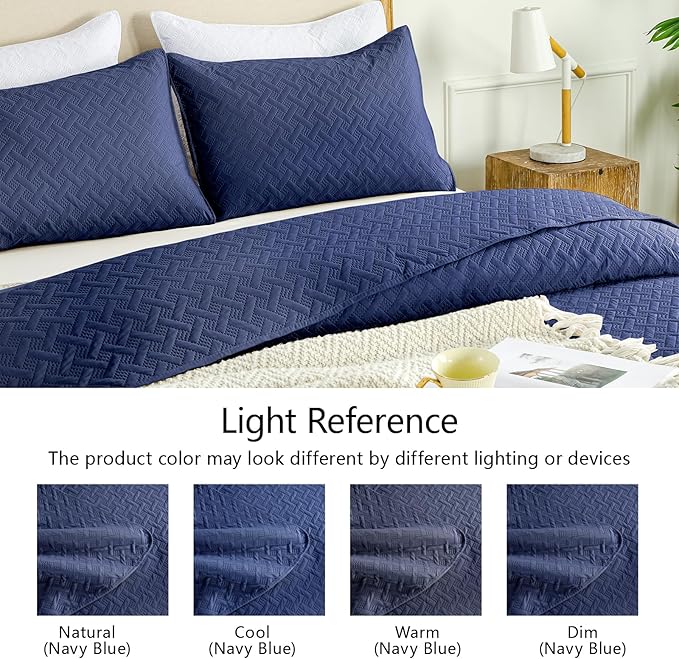 FLYMME Quilts Queen Size - Ultra Soft Navy Blue Quilt Lightweight Microfiber Bedspreads, Classic Basket Weave Pattern Bedspread Bed Coverlet 3 Pieces for All-Season (1 Quilt, 2 Pillow Shams)
