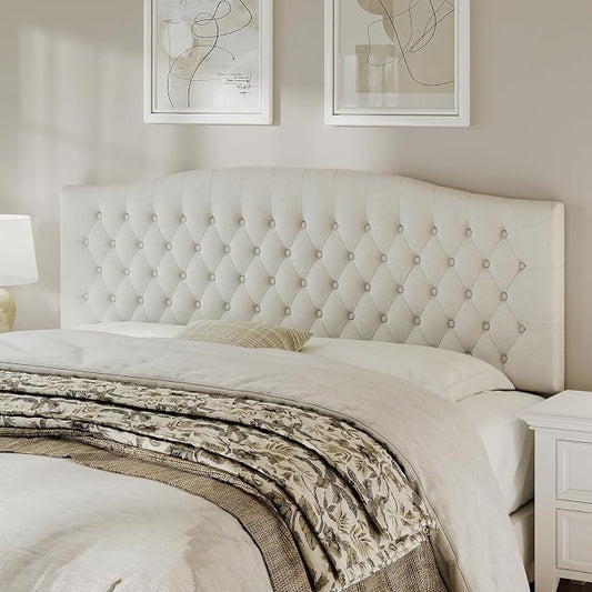 King Headboard Only, Linen Classic Tufted Design, Ivory | 2 installation options: 1.bed frame mount 2.wall mount (for adjustable bed), Classic hand-tufted headboard king size