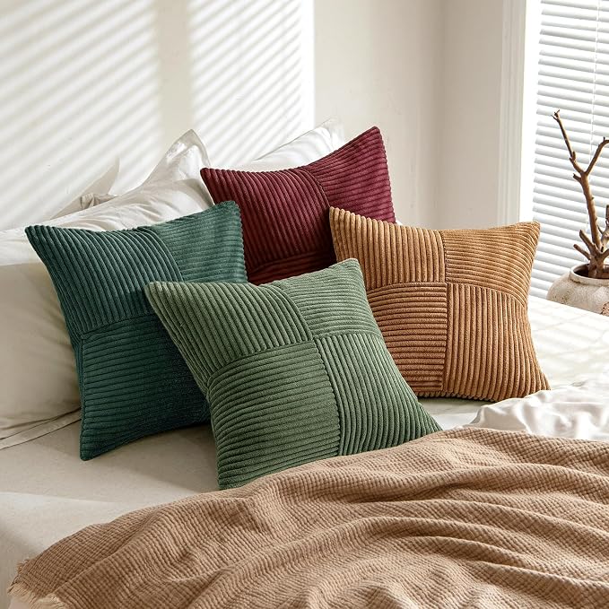 MIULEE Boho Christmas Green Decorative Throw Pillow Covers 18x18 Set of 4 Farmhouse Cushion Covers Color-Clash Corduroy Pillow Cases Modern Soft Corduroy Patchwork Home Decor for Couch Sofa Bedroom