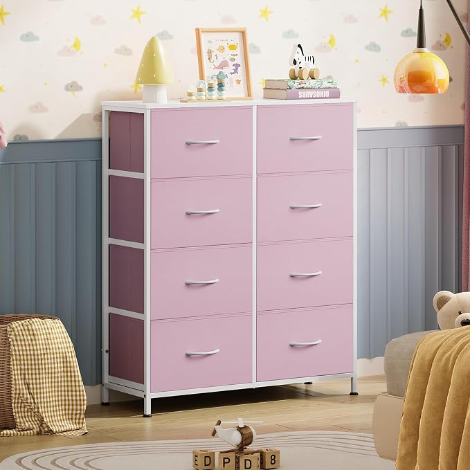 WLIVE 8 Drawer Fabric Dresser for Bedroom, Tall Storage Tower, Pink | Pink 8-drawer tall storage tower with fabric bins and wood tabletop, breathable non-woven, perfect for bedroom closet dorm