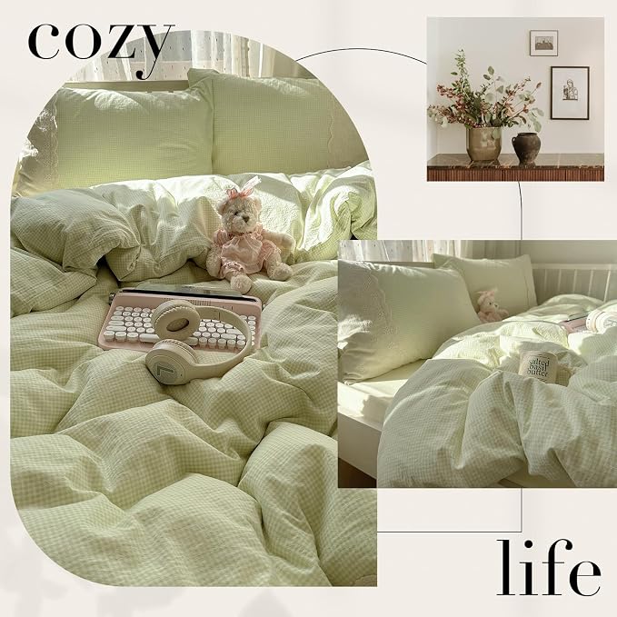 mixinni Green Gingham Duvet Cover Twin Size - 3 Piece Cottagecore Plaid Bedding Set with Lace Trim, Soft Washed Microfiber Vintage Aesthetic Grid Comforter Cover & Pillow Shams, (Green White Gingham)