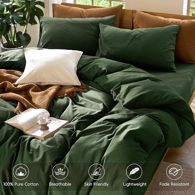 MooMee Duvet Cover Set 100% Washed Cotton Linen Like Super King | Relaxed Linen-like Texture. Soft, Breathable & Long-lasting Comfort. Lightweight. Hidden Zipper with 8 Interior Corner Ties