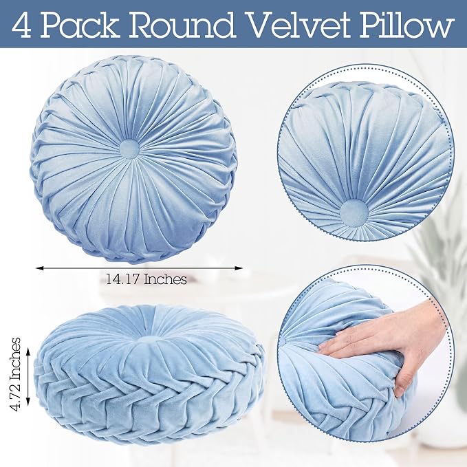 Kathfly 4 Pcs Decorative Round Pleated Throw Pillows, Classy Velvet Pumpkin Round Throw Pillows, Decorative Floor Pillow for Bed Chair Home Sofa Decor, 14" Diameter (Sky Blue)