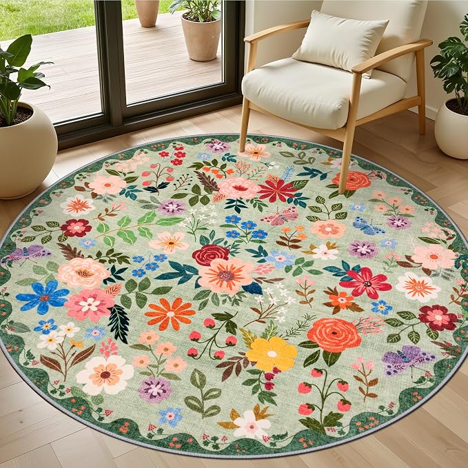 PLHXFR Round Area Rug Living Room: 4 ft Floral Washable Soft Carpet Green | For Bedroom Dining Room Farmhouse Nursery Hallway,Vintage Floral,Machine washable,Non Slip,Stain Resistant,Large Indoor