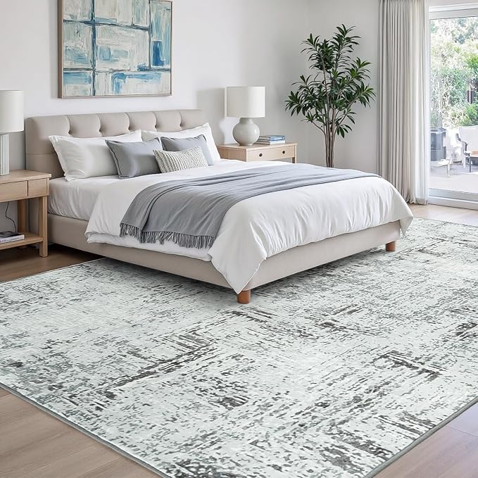 Rugflix 9x12 Area Rugs for Living Room, Washable Blue Grey Large Rug | Machine Washable; Stain-Resistant; Low Pile; Non-Slip; Modern Abstract; Carpet for Bedroom Dining Office Nursery Home