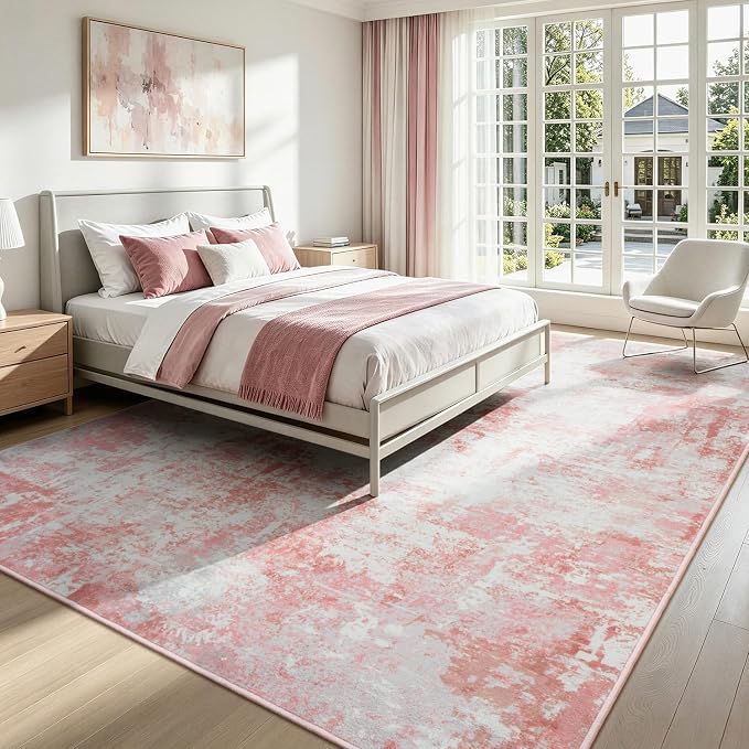 Rugflix 8x10 Area Rugs for Living Room, Washable Pink White Large Rug | Machine Washable; Stain-Resistant; Low Pile; Non-Slip; Modern Abstract; Carpet for Bedroom Dining Office Nursery Home