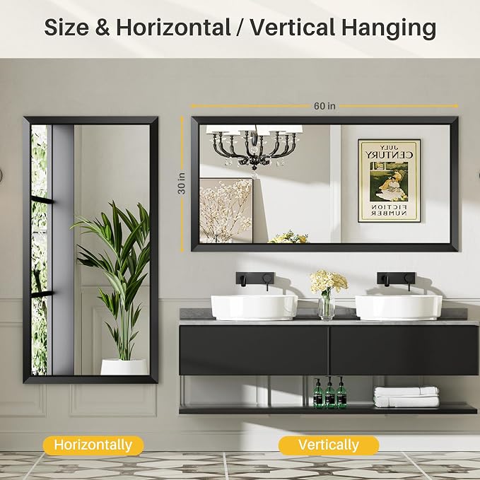 Black Metal Framed Bathroom Wall Mirror, 60x28 Inch | Anti-rust, HD tempered glass, for bathroom vanity, bedroom, living room, horizontal or vertical mount