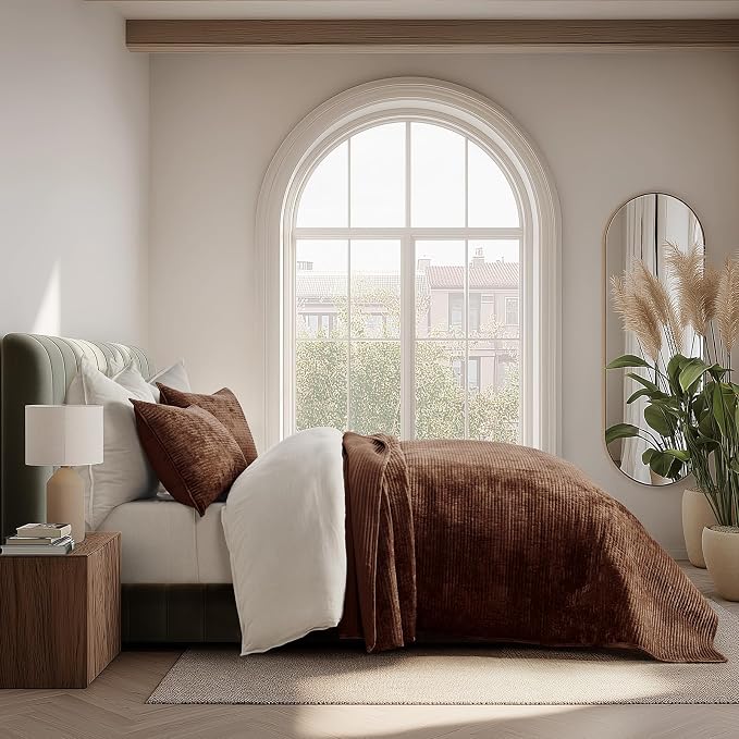 EverGrace Striped Channel Velvet Quilt Set, Queen Size, Rust Brown | Luxurious Soft Lightweight Velvet Comforter, Oversized Bedspread Coverlet, Quilted Bedding Set for All Season, with 2 Shams