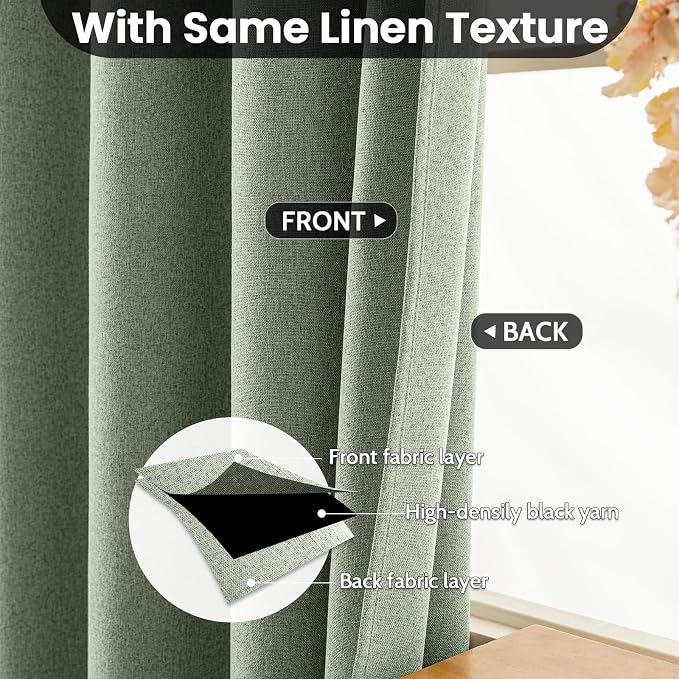 COSVIYA 100% Blackout Sage Green Linen Curtains & Drapes 90 Inch Length | Light Blocking Full Room Darkening Grommet Insulated Thermal Window Panels for Bedroom/Living Room,52x90 inches,2 Panels