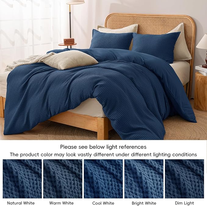 PHF Waffle Duvet Cover California King,Soft Breathable,104"x98",Navy Blue | 300GSM Fabrie，No Snagging Textured Honeycomb Comforter Cover for All Season 3pcs, Durable Bedding Duvet Set, Home Decor Gift