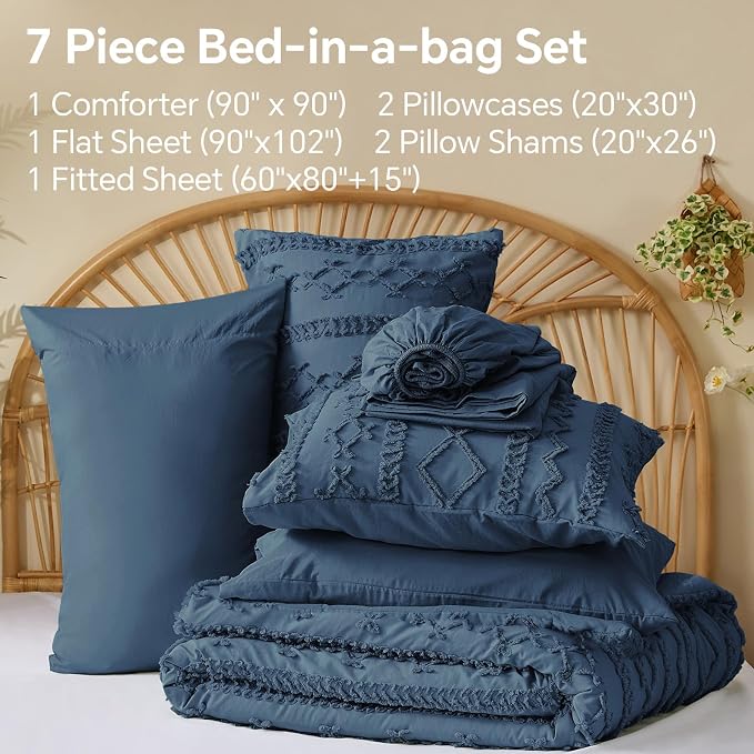 BEDELITE Queen Comforter Set 7 Pieces,Boho Bed in a Bag,Navy Blue | Tufted Bed Set for All Seasons,Soft Farmhouse-Style Embroidery Bedding,Includes Flat & Fitted Sheets,2 Pillowcases & 2 Shams