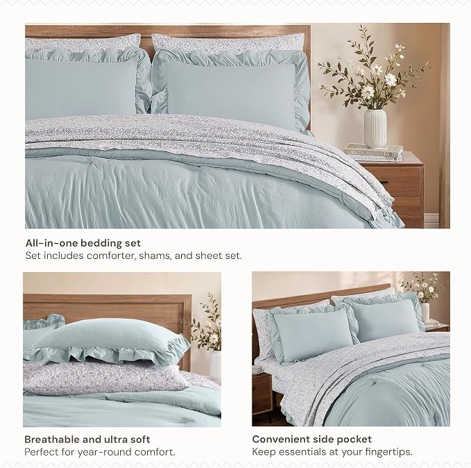Full Size Comforter Sets-7 Pieces Ruffle Bedding Floral Sheet | Blue Vine Bed in a Bag, Soft Lightweight All Season Farmhouse Full Size Bedding Sets with Floral Sheets, Pillowcases & Shams