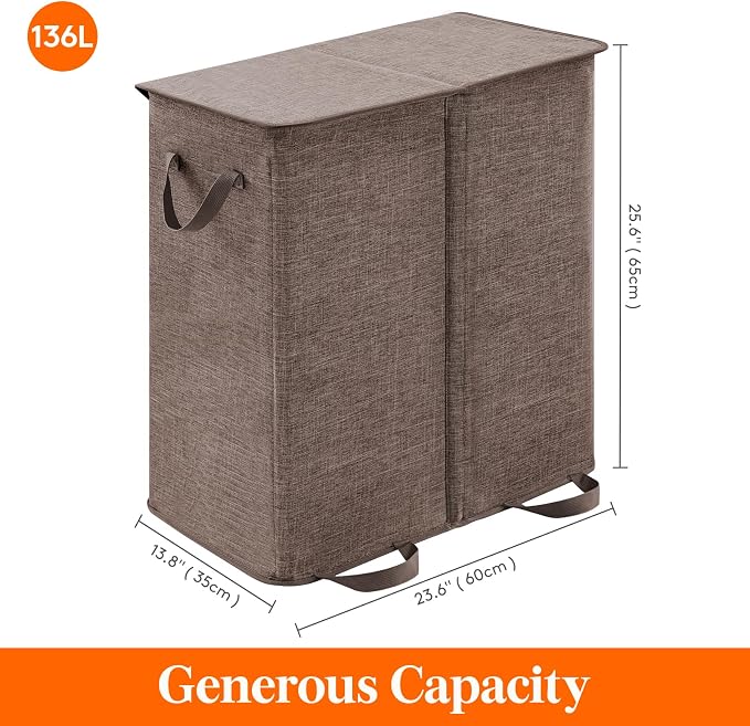 Lifewit Double Laundry Hamper with Lid and Removable Laundry Bags, Large Collapsible 2 Dividers Dirty Clothes Basket with Handles for Bedroom Laundry Room Closet Bathroom College, 136L Brown