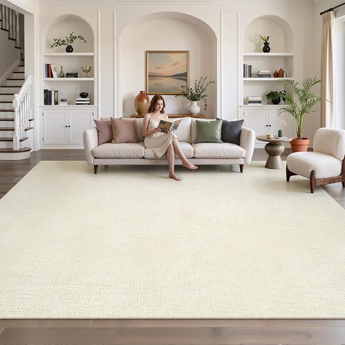 8x10 Area Rugs for Living Room, High-Low Pile Washable Rug, Ivory | Soft Fluffy Textured Design Non Slip & Lighweight, Folable, Stain Resistant Floor Carpet Rug for Bedroom, Dining Room, Office