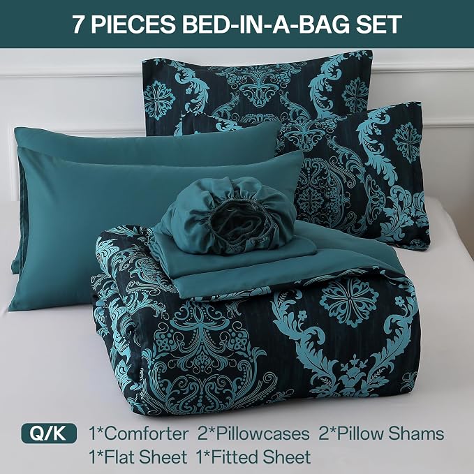 WONGS BEDDING 7 Piece Queen Comforter Set, Teal Texture Breathable Microfiber Comforter Bedding Set for All Season, Damask Bed in a Bag with Comforter, Flat Sheet, Fitted Sheet, Pillowcases & Shams