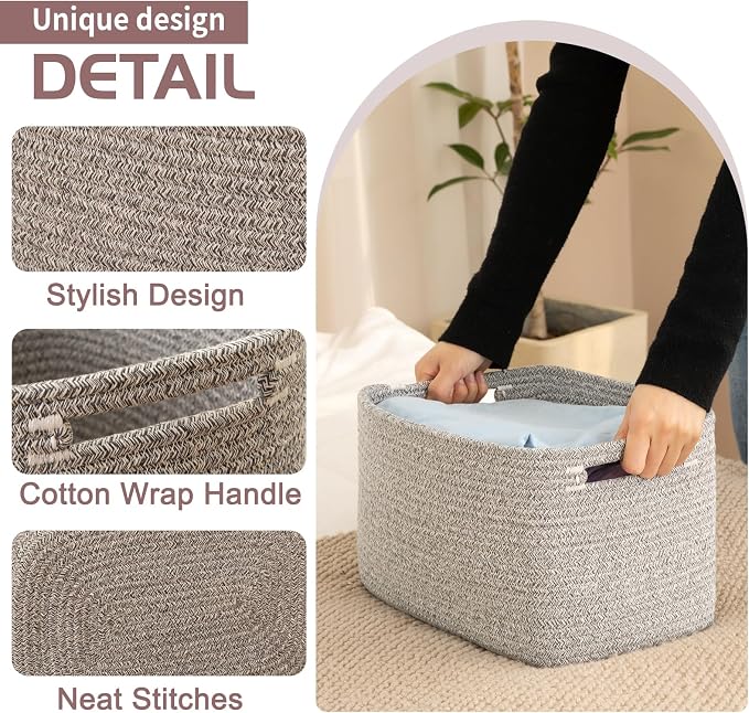 OIAHOMY 4 Pack Storage Baskets for Organizing 15L Cube Storage Bins Grey | Woven Baskets for Storage Rectangle Small Baskets With Handles Baskets for Shelves Wicker Baskets for Shelves 12.7x9x7.8inch