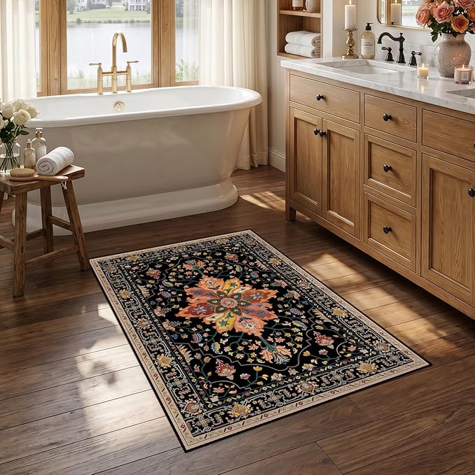 RELEANY Washable Area Rug, Small 2'6"x4', Black/Colorful | Non-Slip, Water Repellent, Pet Friendly, Easy to Clean, Vintage Floral Boho Decor for Kitchen Entryway Bathroom