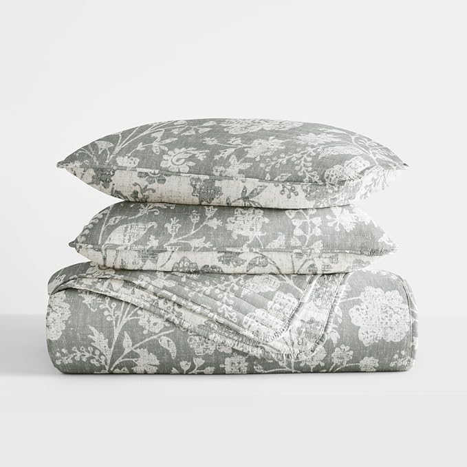 Merit Linens 3 Piece Quilt Set - Super Soft - Lightweight - All Season Quilted Coverlet - Floral Patterns - Full/Queen Eucalyptus