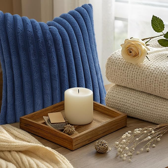 decorUhome Fall Faux Fur Throw Pillow Covers 18x18 Set of 2 Navy Blue | Decorative Soft Cozy Striped Plush Modern Farmhouse Boho Couch Pillow Cases Velvet Back for Sofa Bed Living Room Home Decor