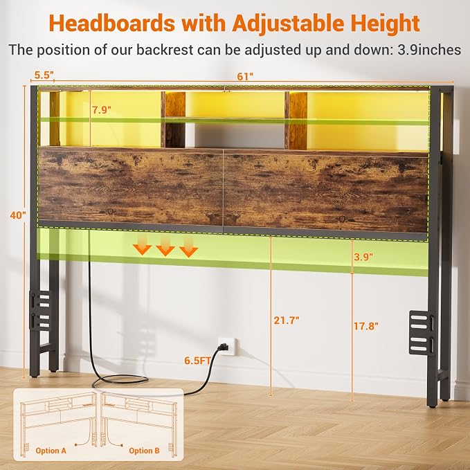 Aheaplus Headboard for Queen Size Bed with Storage, Headboards with Outlets | Queen Size Head Board Only, USB Ports and LED Light, Height Adjustable, Reversible, Sturdy and Stable Headboard, Rustic Brown