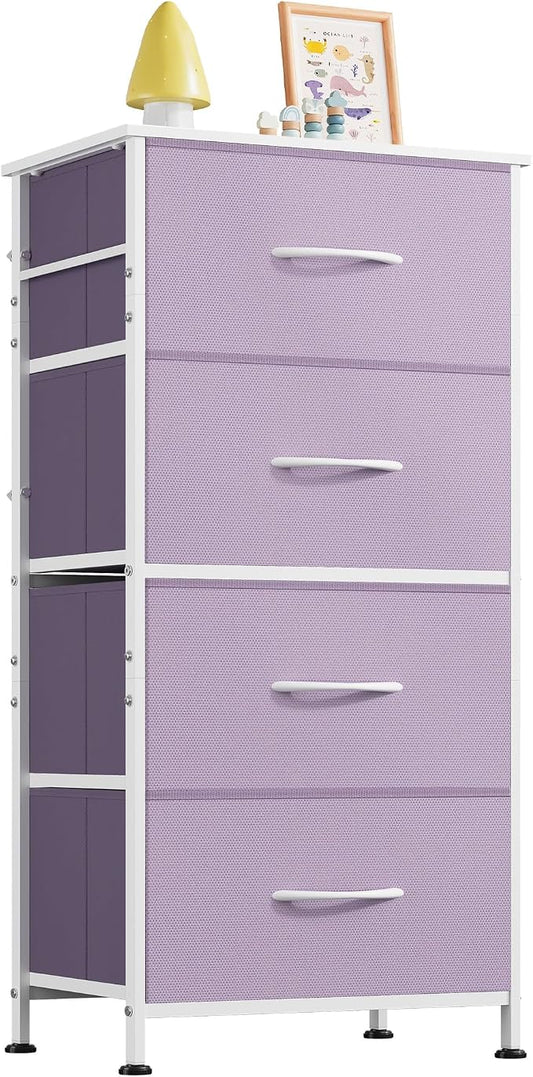WLIVE Small Dresser Nightstand for Bedroom, 4 Drawers, Purple | 4 vertical fabric drawers, Space-saving tower, Bedroom or closet use, Chest of drawers, Dresser for small spaces