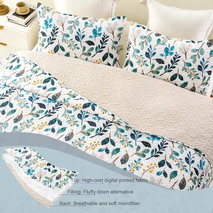 Whale Flotilla Patchwork Quilts Queen Size, Extra Soft Floral Bedspreads | Reversible Lightweight Full Queen Quilt Bedding Set for Bed, White Green Printed Coverlets, 2 Pillow Shams for All Seasons