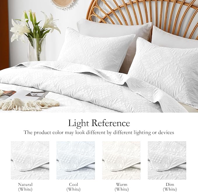 FLYMME Full Queen Quilt Bedding Set,Lightweight White Bedspreads,Vintage Olive Leaf Design,Ultra Soft Microfiber Bed Coverlet 3 Pieces for All-Season (1 Quilt,2 Shams)