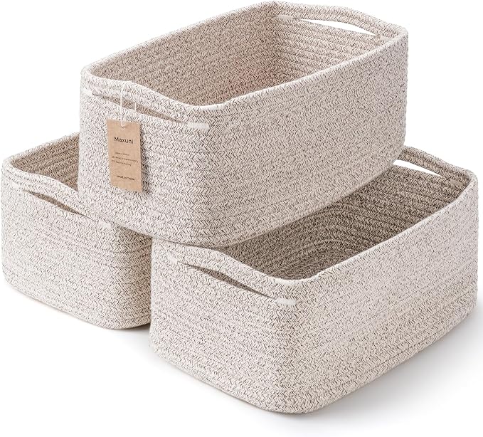 3 Pack Small Storage Baskets for Organizing, 11.8×7.8×5.1", Mixed Brown | Woven Baskets for shelves, Cotton Rope Basket for Gifts Empty, Closet Organizer Bins with Handles, Cube Decorative Box