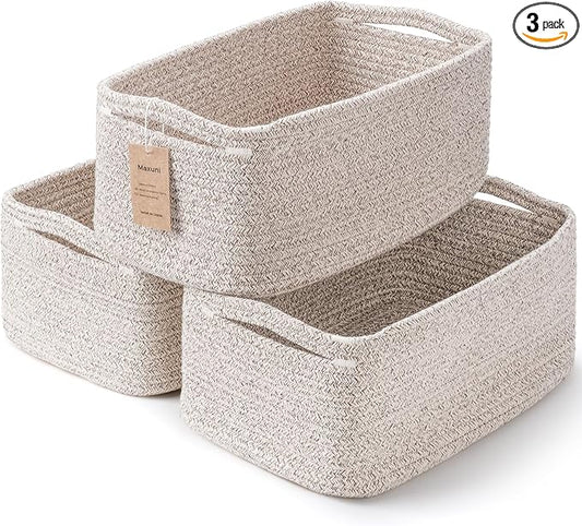 3 Pack Storage Baskets for Organizing, 13.7×9.5×6.3", Mixed brown | Woven Baskets for Shelves, Cotton Rope Basket for Gifts Empty, Closet Organizer Bins with Handles, Cube Decorative Box