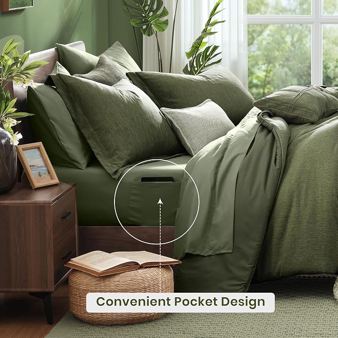 Monbix Super King Comforter Set Olive Green 7 Pieces Bed in a Bag | Cationic Dyeing Reversible All Season Bedding Sets with Comforter, Sheets, Pillowcases & Shams