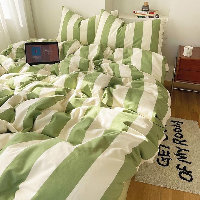 LifeTB Striped Comforter Set King Green White Stripes Pattern Printed Comforter Soft Fluffy Lightweight Bedding Set for All Seasons Reversible 3 Pieces Farmhouse Stripe Comforter with 2 Pillowcases
