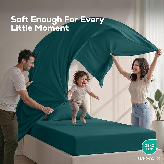 Twin Sheets Set, 3 Pieces 16" Deep Pocket Hotel Luxury Sheets, Teal Green | Extra Soft Bedsheet Set, Comfy & Breathable Cooling Sheets, Wrinkle & Fade Resistant, Fitted Sheet, Flat Sheet, 1 Pillowcase