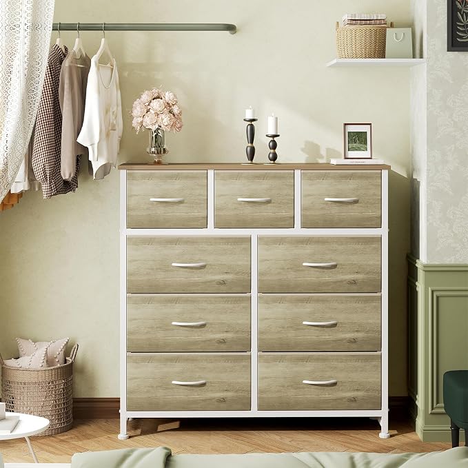 OLIXIS 9 Drawer Tall Dresser for Bedroom, Closet Organizers and Storage | Fabric Dresser with Wooden Top, Chest of Drawers for Clothes Storage, Tower Cabinet, Furniture, TV Stand, Oak Greige