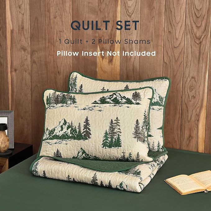 Wake In Cloud - Rustic Quilt Set, Cabin Forest Woodland Camping Theme with Lodge Mountain Print, Reversible Lightweight Bedspread Coverlet, 3 Pieces, Green Brown, Queen/Full Size