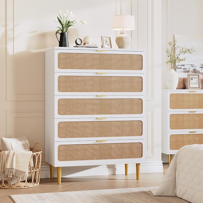GarveeHome Rattan 5 Drawer Dressers for Bedroom, Deep Drawer, White | Tall Dresser, Wide Top, for Living Room, Hallway, Kids Room, Large Chest of Drawers for Closet, Long Wooden Dresser