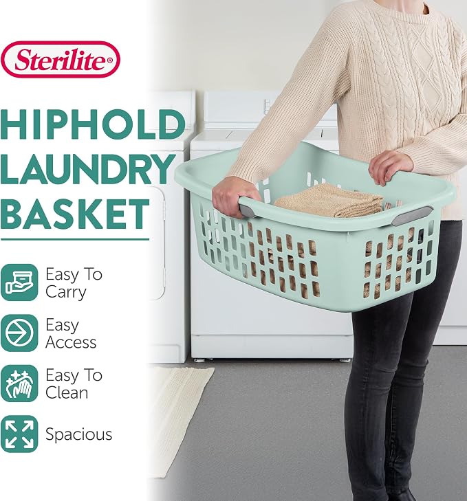 Sterilite 12 Pack HipHold Laundry Basket, Plastic Rectangle Clothes Hamper with Comfort Grip Handles & Reinforced Rim, 1.5 Bushel Capacity, Mint