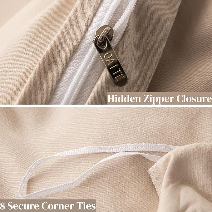 OAITE Duvet Cover Set 100% Washed Cotton Solid 3pcs | Soft,Durable,Long-staple Cotton,Hidden Zipper with 8 Interior Corner Ties,2 Pillowcases