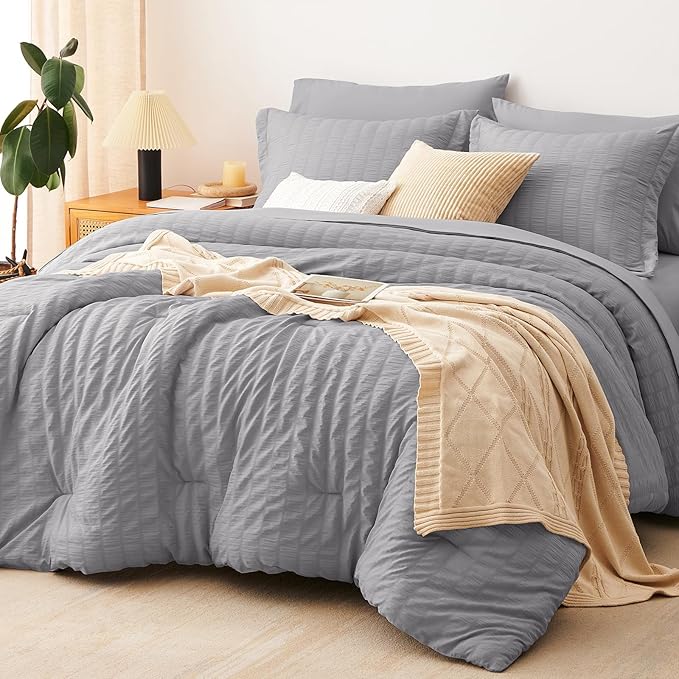Queen Comforter Set, 7 Pieces Grey Seersucker Bed in a Bag | OEKO-TEX Certified, All Season Bedding Set with 240 GSM Down Alternative Comforter, Flat & Fitted Sheets, Pillowcases & Shams