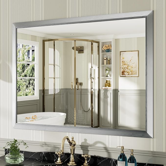 Bathroom Wall Mirror, Silver Brushed Nickel Metal Frame, 48x36 Inch | Anti-rust, HD tempered glass, for bathroom vanity, bedroom, living room, horizontal or vertical mount