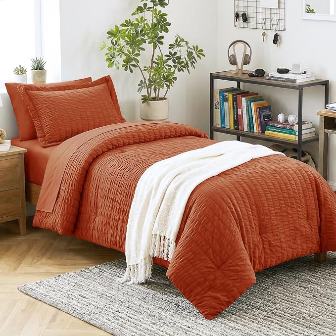 Twin XL Comforter Set 5 Pieces Burnt Orange Seersucker Bed in a Bag | OEKO-TEX Certified, College Dorm Twin Extra Long, 240 GSM Down Alternative Comforter, Flat & Fitted Sheets, Pillowcase & Sham