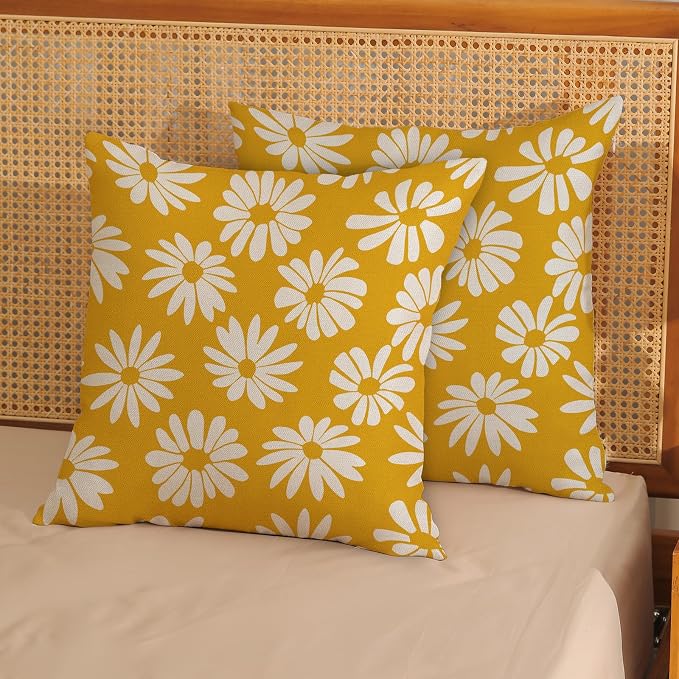 Mustard Yellow Pillow Covers 20x20 Inch 2 Pcs Daisy Floral Summer Outdoor Decor Throw Pillows Spring Flower Farmhouse Holiday Decoration Pillowcase Linen Cushion Cover for Couch Sofa Bed