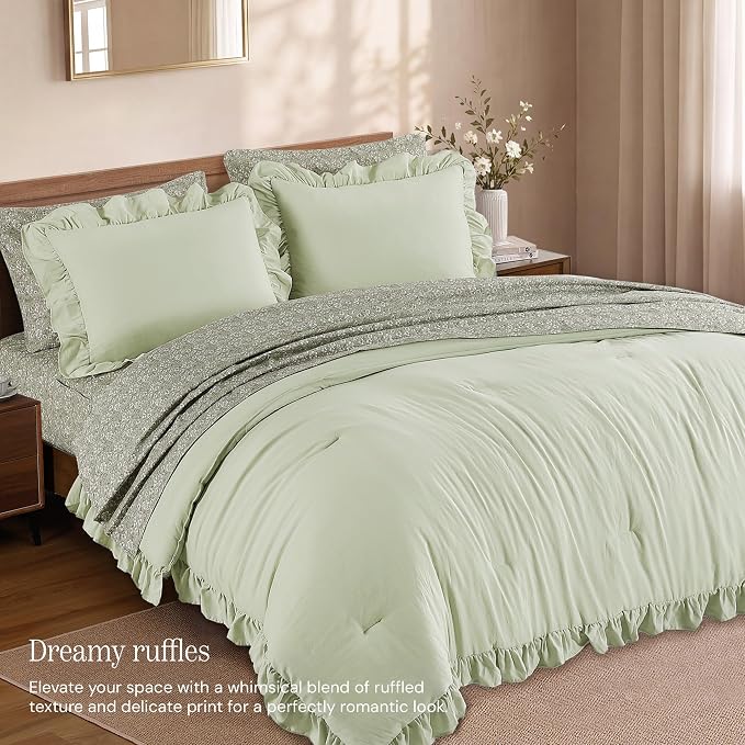 Full Size Comforter Sets-7 Pieces Ruffle Bedding Floral Sheet | Tint Green Bed in a Bag, Soft Lightweight All Season Farmhouse Full Size Bedding Sets with Floral Sheets, Pillowcases & Shams