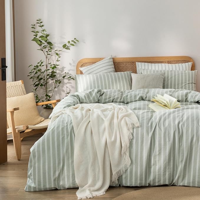 BESTOUCH Striped Cotton Duvet Cover Set Linen Feel Super Queen | 100% Washed Cotton, Soft Wrinkle Texture, Hidden Zipper, 8 Ties, Breathable Lightweight Durable Comfy, 3 Pcs No Insert