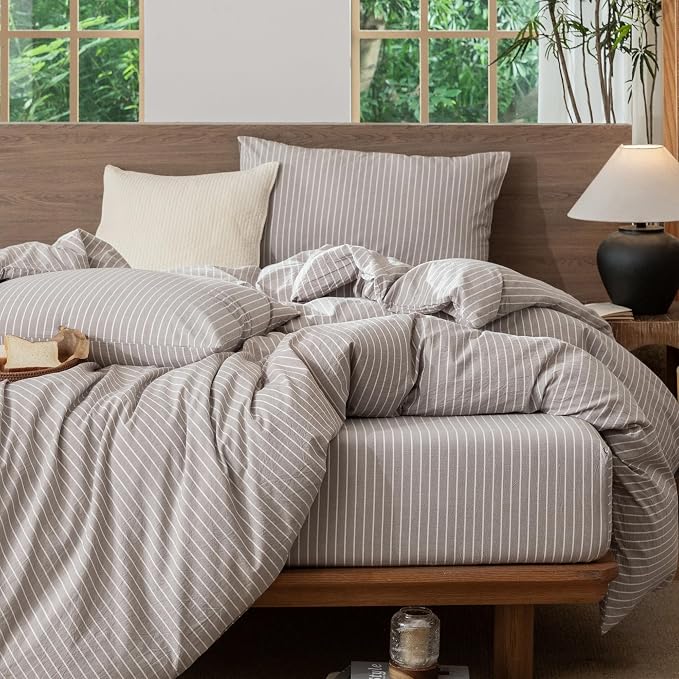 MooMee Striped Duvet Cover Set 100% Washed Cotton Linen Like King | Relaxed Linen-like Texture. Soft, Breathable & Long-lasting Comfort. Lightweight. Hidden Zipper with 8 Interior Corner Ties