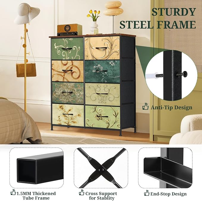 8-Drawer Dresser for Bedroom, Anti-Tip Tall Storage Organizer | Chest of Drawers with Wooden Top and Metal Frame Fabric Bins for Closet, Living Room, Hallway, Entryway, Floral Painted