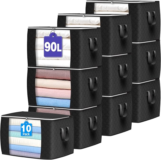 90L Large Storage Bags, 10 Pack Clothes Storage Bins Closet Organizers | Foldable Storage Containers, with Reinforced Handle, for Clothing, Blanket, Comforters, Bed Sheets, Pillows and Toys
