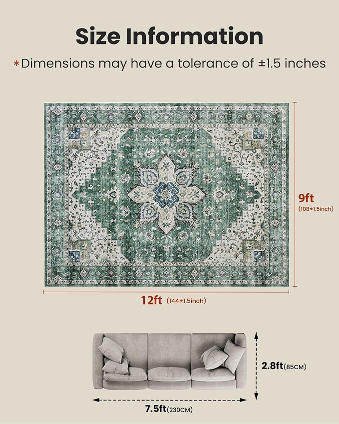 AMADA HOMEFURNISHING 9x12 Area Rug, Washable Low-Profile Large Area Rug with Non-Slip Backing & Durable Edge Binding, Vintage Large Rugs for Living Room, Bedroom