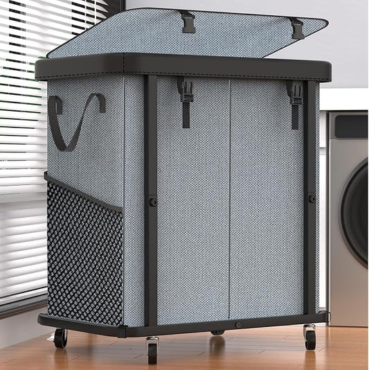 Laundry Basket with Wheels,190L (50 Gal) Laundry Hamper 2 Setion - Gray | Leather Patchwork,Sturdy Metal Frame, Removable Washable Bag, Tall Clothes Sorter for Bedroom