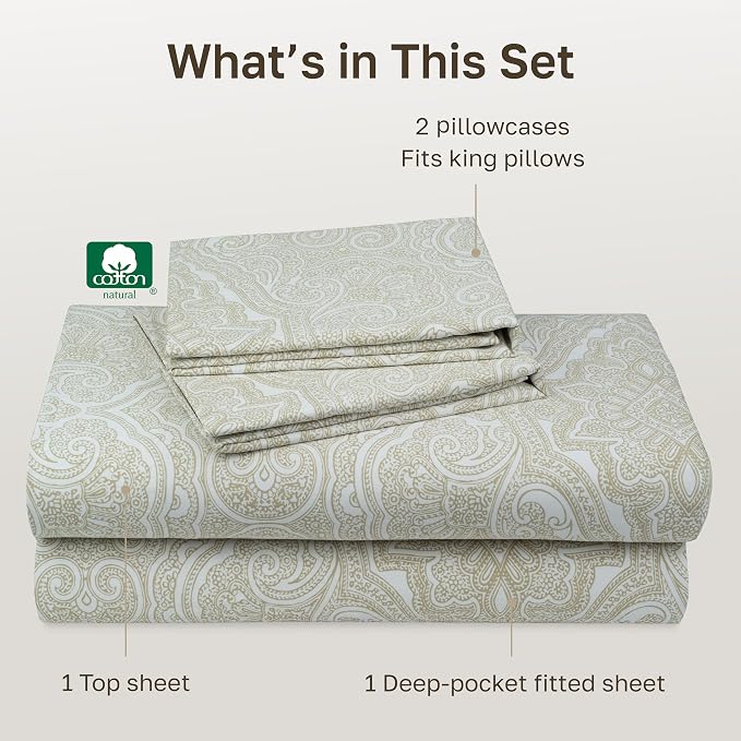 California Design Den 100% Cotton Sateen California King Sheet Sets | 400 Thread Count Backed by Good Housekeeping Seal, 16" Deep Pocket, All-Around Elastic, Easy Care - Paisley Beige Print