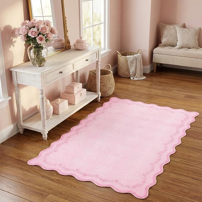 GarveeHome 3x5 Scalloped Washable Area Rug Non Slip Bedroom Entryway Rug | Soft Pink Kitchen Rug Low Pile Carpet Stain Resistant Throw Rug for Bedside Kids Room Office Dining Room
